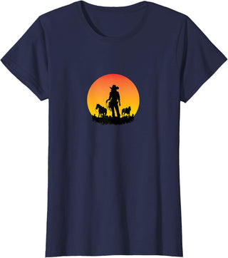 Horses Cowgirl T-Shirt - Navy Blue