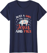 Pig Lovers Gifts and Apparel Just A Girl Who Loves Jesus and Pigs Pig Lover Christian T-Shirt - Navy Blue
