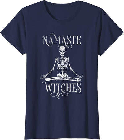 Yoga Skeleton Apparel Womens Distressed Halloween Yoga Skeleton Namaste Witches T-Shirt