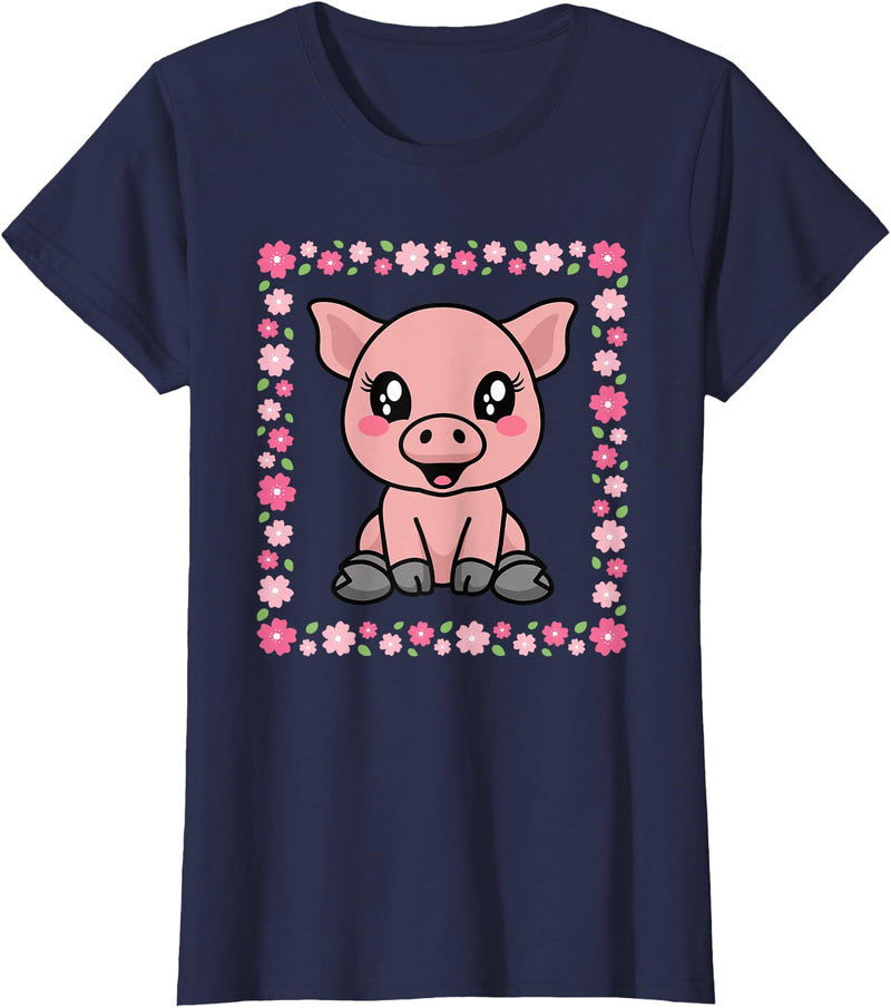 EDILILU Cute Pig Kawaii Pig Lover Piglet Women Girls T-Shirt - Navy Blue