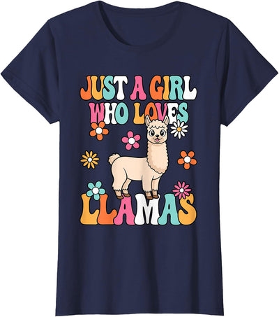 BALARI Just A Girl Who Loves Llamas Cute Groovy Alpaca Llama Kids T-Shirt