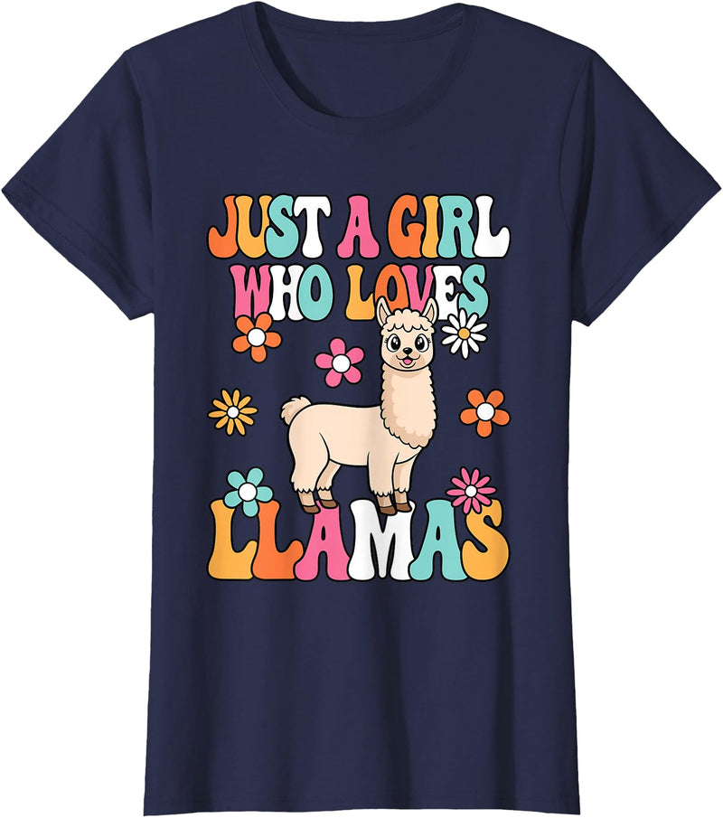 BALARI Just A Girl Who Loves Llamas Cute Groovy Alpaca Llama Kids T-Shirt - Navy Blue