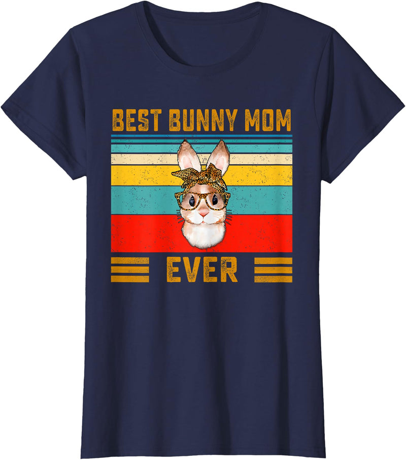 Best Bunny Mom Ever Leopard Print Rabbit Bandana T-Shirt in Navy Blue
