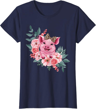 Pig With Leopard Headband Flower Pig Lover T-Shirt