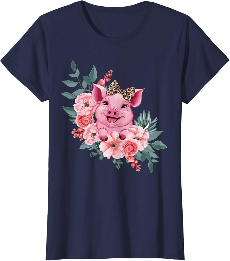 Pig Leopard Headband Flower Pig With Leopard Headband Flower Pig Lover T-Shirt - Navy Blue
