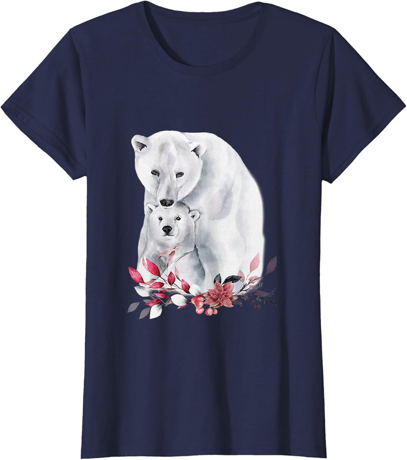 Mama Polar Bear and Baby Cub for Girls and Women T-Shirt - Navy Blue