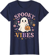 Girls Halloween Ghost Coquette Vibes Tees Spooky Vibes Cute Ghost Halloween for Girls Trick or Treat T-Shirt - Navy Blue