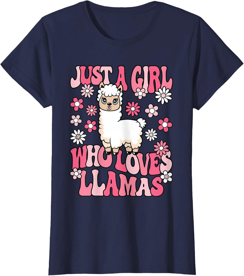 KATYLIN Just A Girl Who Loves Llamas Llama Lover Girls Kids T-Shirt - Navy Blue