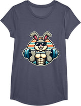 Happy Easter Bunny Rabbit Lifting Weights Training Muscular T-Shirt - Girls Heather Blue