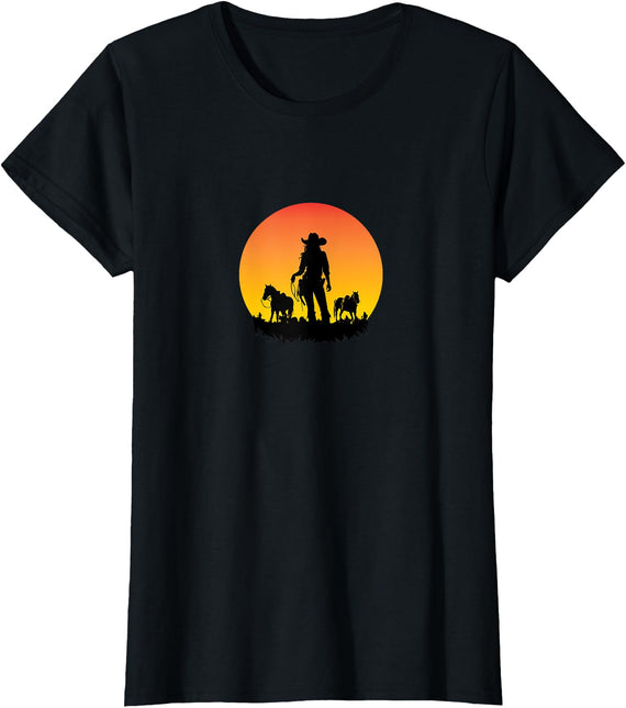 Horses Cowgirl T-Shirt - Black