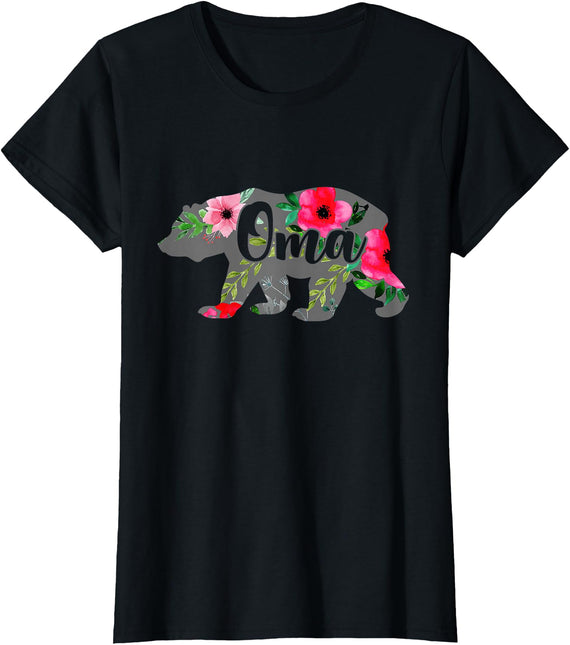Oma Mom Gifts Oma Mama Bear Grandma Gift Floral T-Shirt - Black