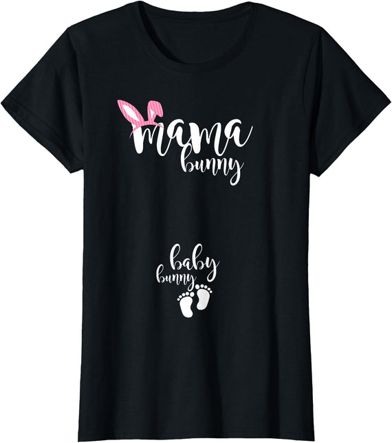 Mama Bunny Baby Bunny Pregnant Mom Easter Pregnancy Reveal T-Shirt in Black