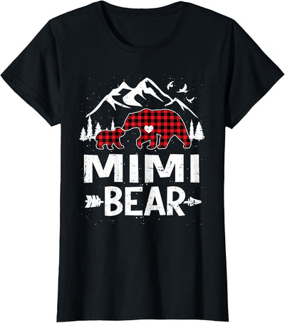 Mimi Bear Family Christmas 2025 Red Buffalo Plaid Pajamas T-Shirt