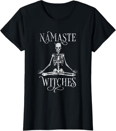 Yoga Skeleton Apparel Womens Distressed Halloween Yoga Skeleton Namaste Witches T-Shirt