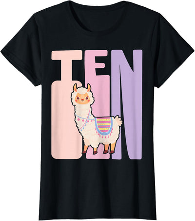 Retro Llama Alpaca Themed Girls Birthday Designs 10th Birthday Girl Cute Llama Alpaca 10 Years Old T-Shirt