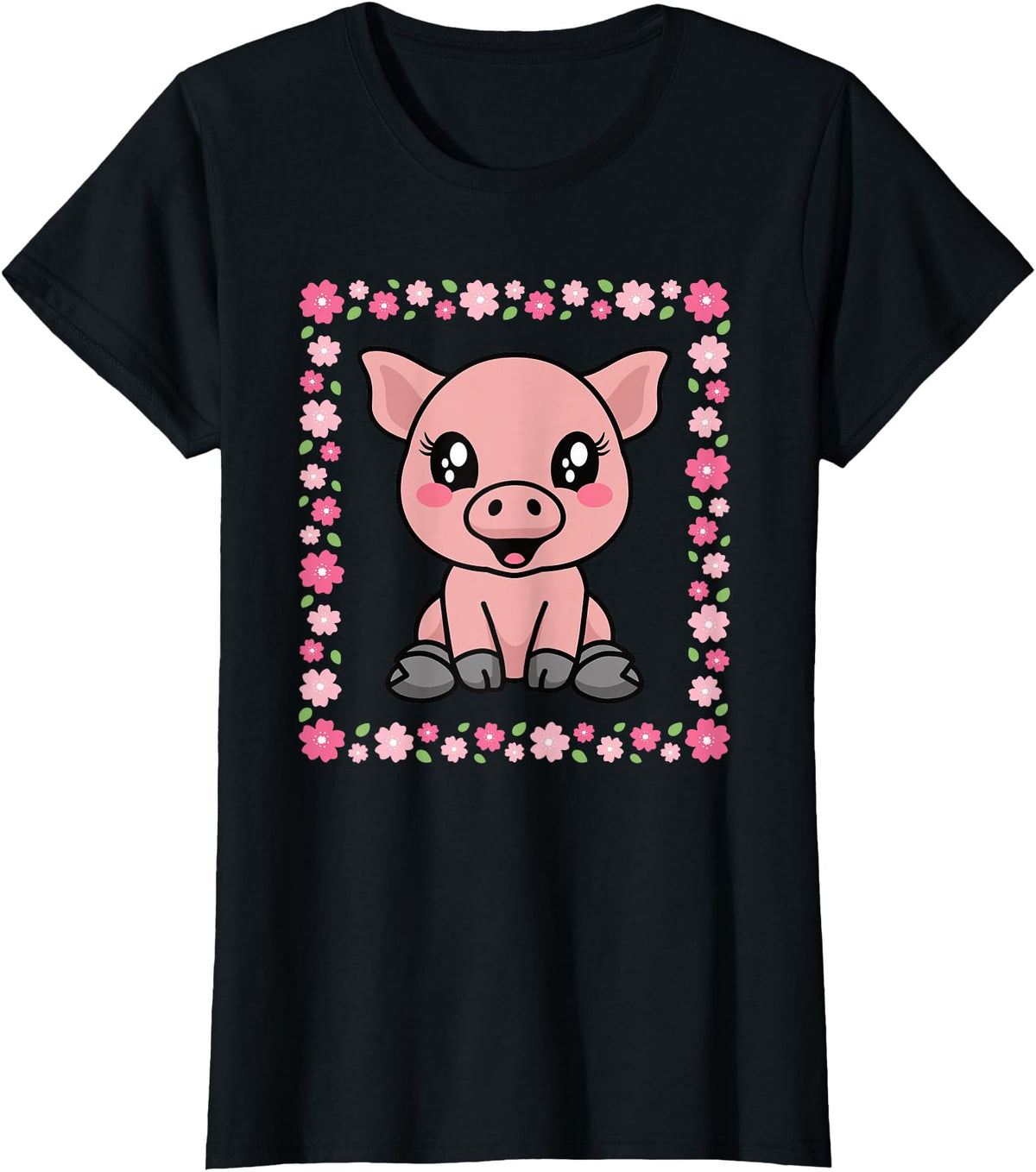 EDILILU Cute Pig Kawaii Pig Lover Piglet Women Girls T-Shirt - Black