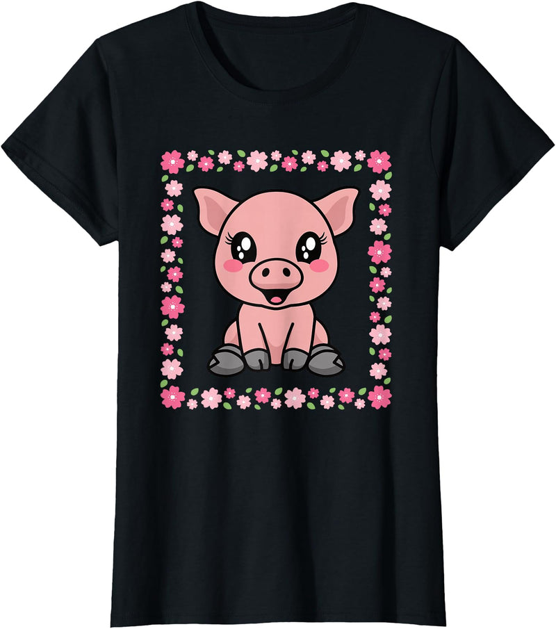 EDILILU Cute Pig Kawaii Pig Lover Piglet Women Girls T-Shirt - Black