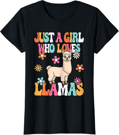 BALARI Just A Girl Who Loves Llamas Cute Groovy Alpaca Llama Kids T-Shirt