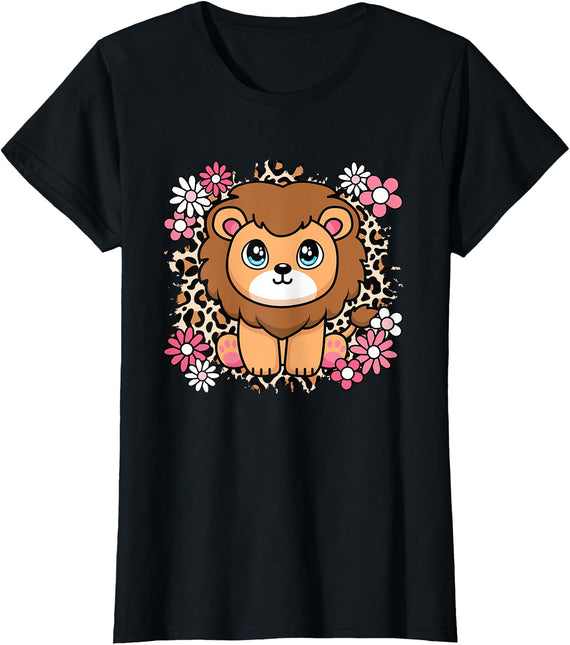 KATYLIN Cute Lion Flowers Lion Lover Women Girls Kids T-Shirt - Black
