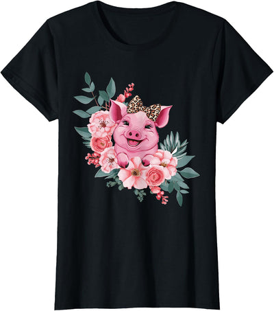 Pig With Leopard Headband Flower Pig Lover T-Shirt