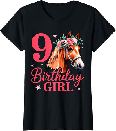 9 Years Old Horse Birthday 9th Birthday Horse Girl 9 Years Old Birthday Girl B-Day Kids T-Shirt