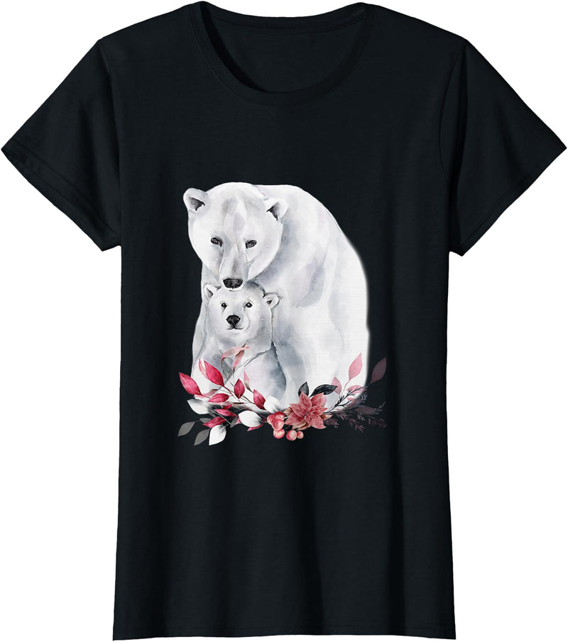 Mama Polar Bear and Baby Cub for Girls and Women T-Shirt - Black