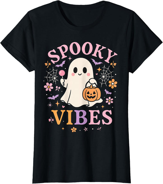Girls Halloween Ghost Coquette Vibes Tees Spooky Vibes Cute Ghost Halloween for Girls Trick or Treat T-Shirt - Black