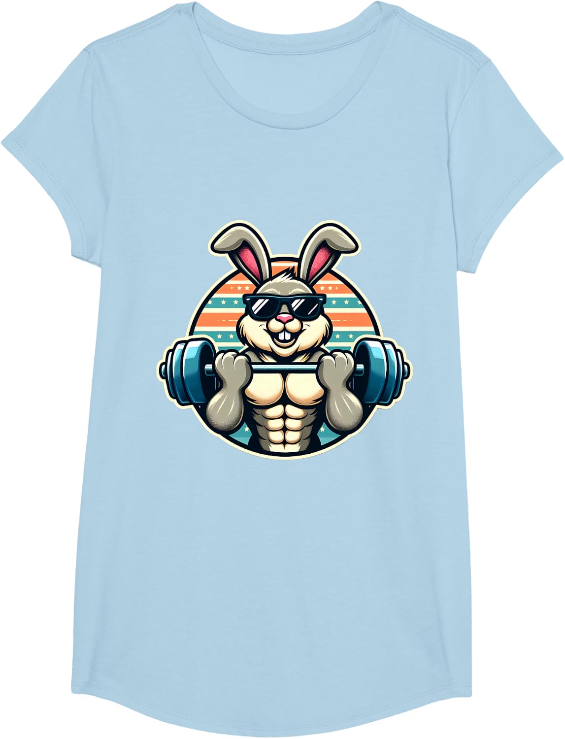 Happy Easter Bunny Rabbit Lifting Weights Training Muscular T-Shirt - Girls Baby Blue