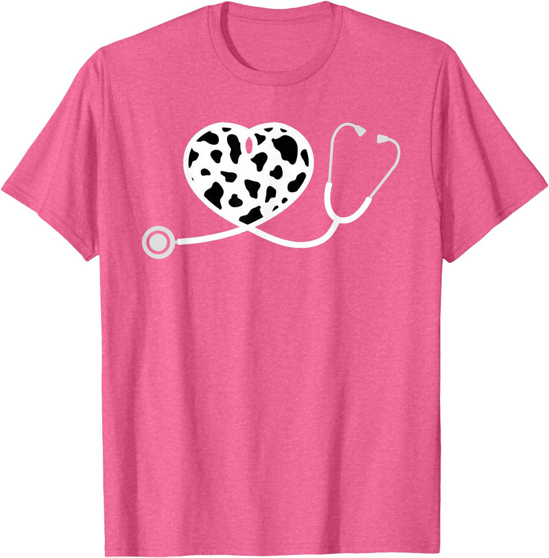 Cute Cow Print Design Stethoscope Gifts Him Her Cow Print Pattern Nurse Doctor Cardiology Stethoscope Heart T-Shirt - Pink