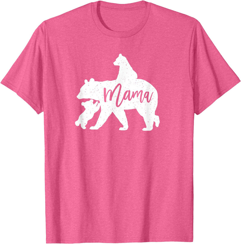 Artsy Mommy Bear Silhouette Nature Family Gifts Mama Bear 2 Baby Bear Cubs Playing Riding on Back T-Shirt - Pink Heather