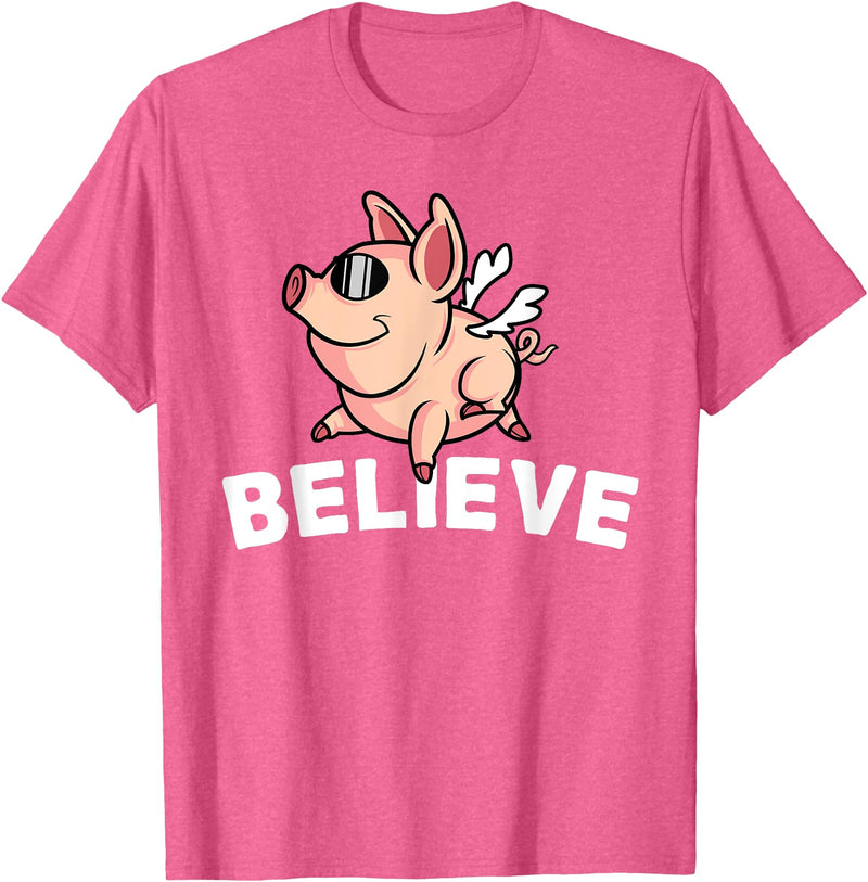 Funny Happy Piglet Farm Life Farmer Motivational Believe Flying Pig with Sunglasses Funny Animal Lover Gifts T-Shirt - Pink Heather
