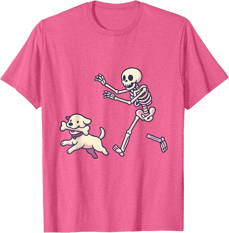 Funny Skeleton Dog Bone Halloween Kawaii Dog Steals Bone from Skeleton Running Halloween T-Shirt - Pink Heather