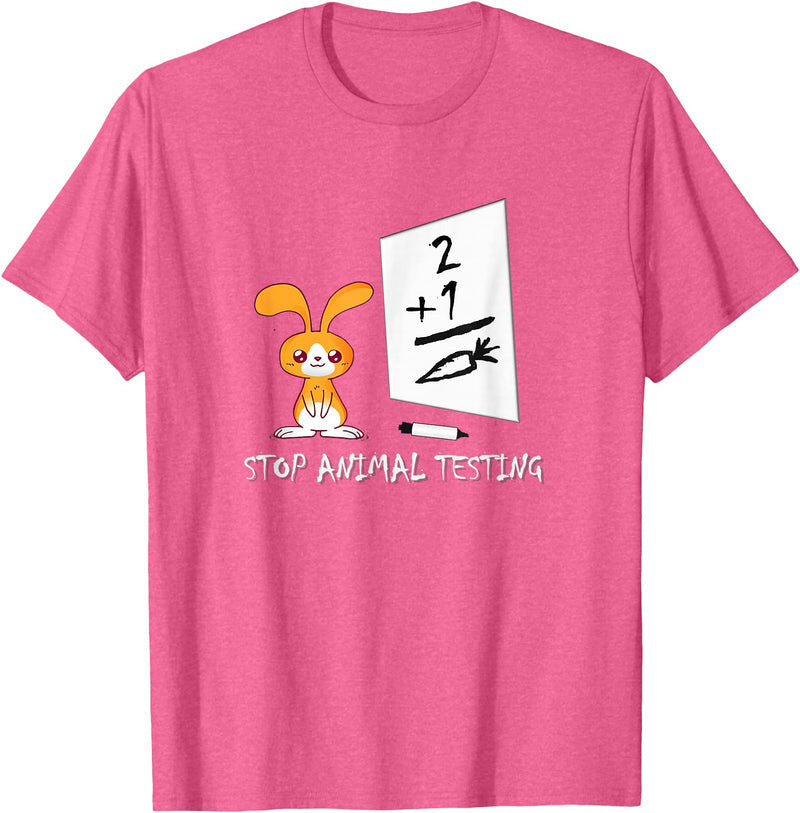 Cute Rabbit Bunny Stop Animal Testing Funny Kawaii T-Shirt in Pink Heather