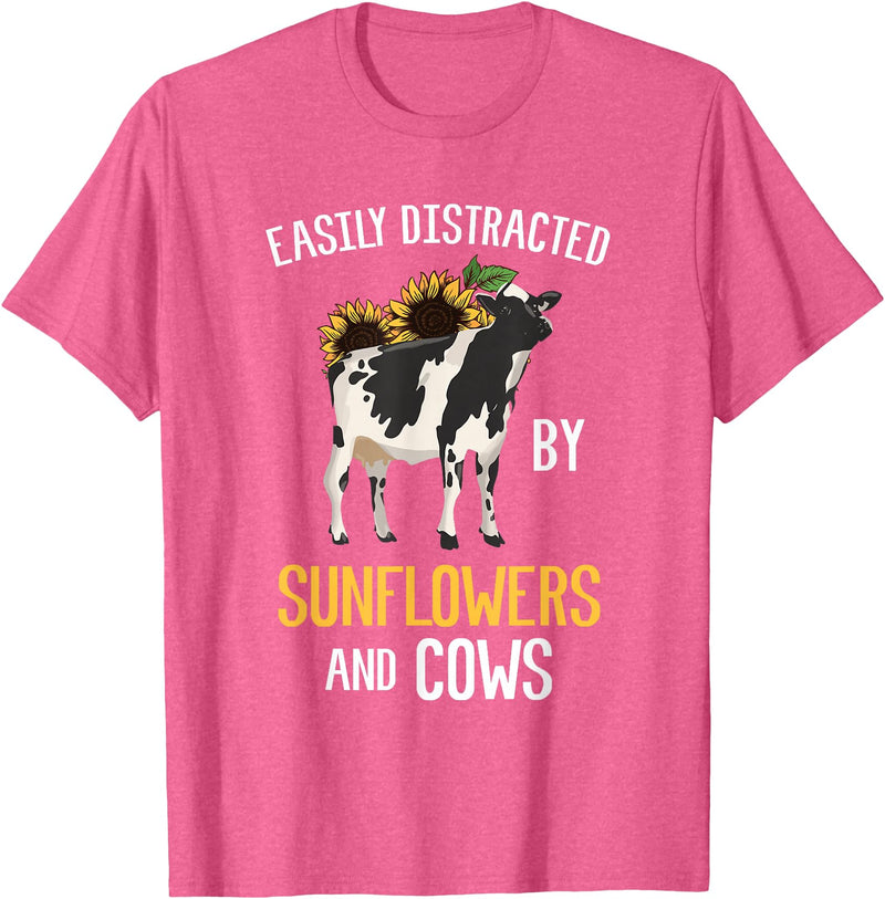 Funny Gift Idea for Sunflower and Cow Lovers Easily Distracted By Sunflowers and Cows T-Shirt - Pink Heather
