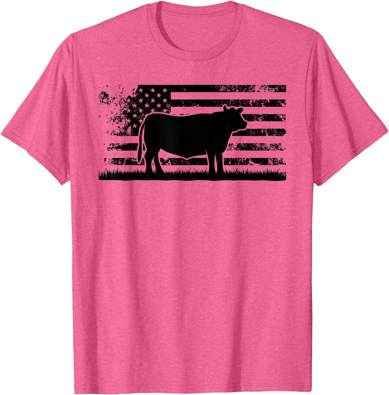 Funny Red Angus Rancher Gift for Cattle Lover USA American Flag - America Cow Red Angus Rancher T-Shirt - Pink Heather