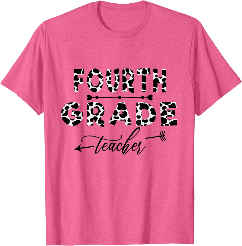 Funny Back To School Teacher Women 2021-22 Apparel Cow Print Skin Pattern 4th Grade Teacher 1st Day Of School T-Shirt - Pink