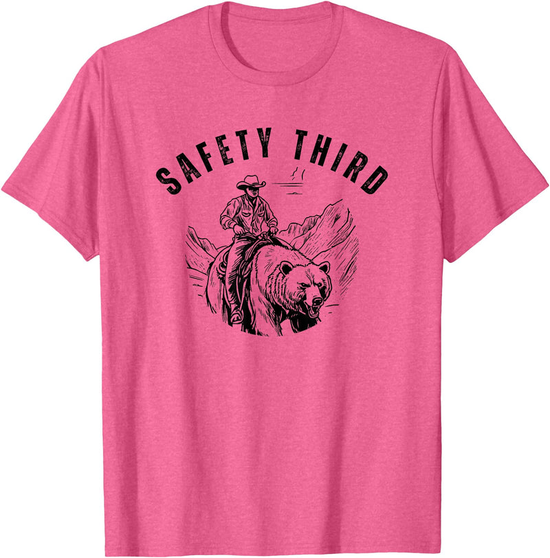 Exteevaganza Safety Third Cowboy Riding Bear Humorous Graphic T-Shirt - Pink Heather