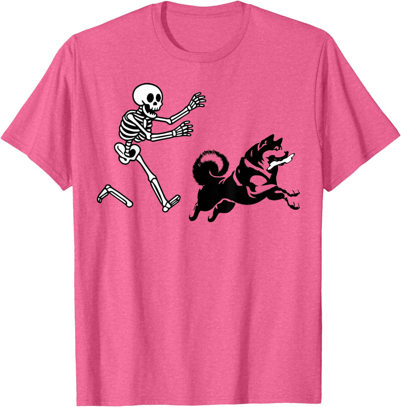 akita mom messy bun hair tee Funny Akita Running Skeleton Halloween T-Shirt - Pink Heather