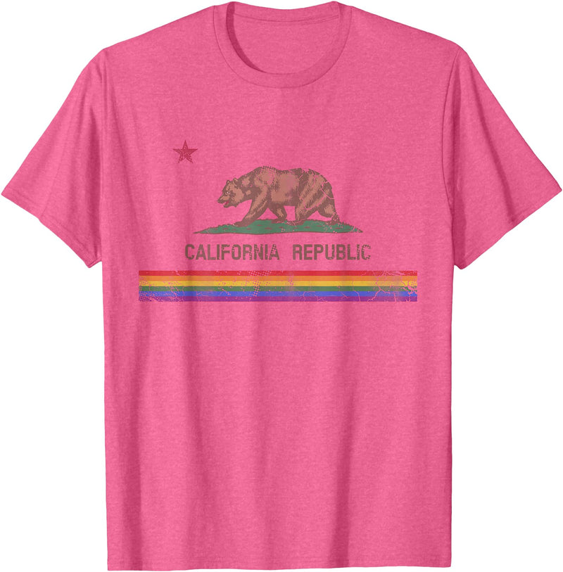 California LGBTQ+ Gift Men Women Couples Groups California Republic Bear LGBT Gay Pride Month Rainbow Flag T-Shirt - Pink Heather