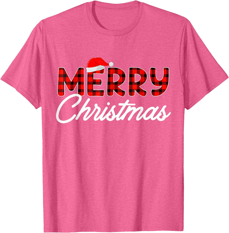 Merry Christmas Buffalo t -shir t Merry Christmas Buffalo Plaid Red Santa Hat Xmas Pajamas T-Shirt - Pink Heather