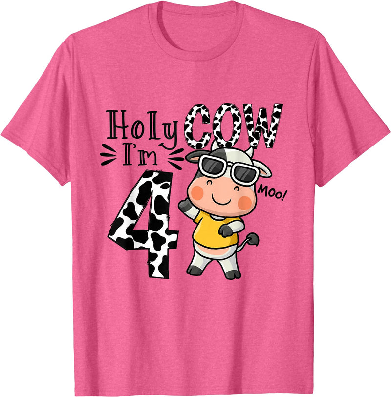 Holy Cow I'm 4 Birthday Boy Tee Gifts Cute 4th Cow Farm Animals Bday Holy Cow I'm 4 Birthday Boy T-Shirt - Pink Heather