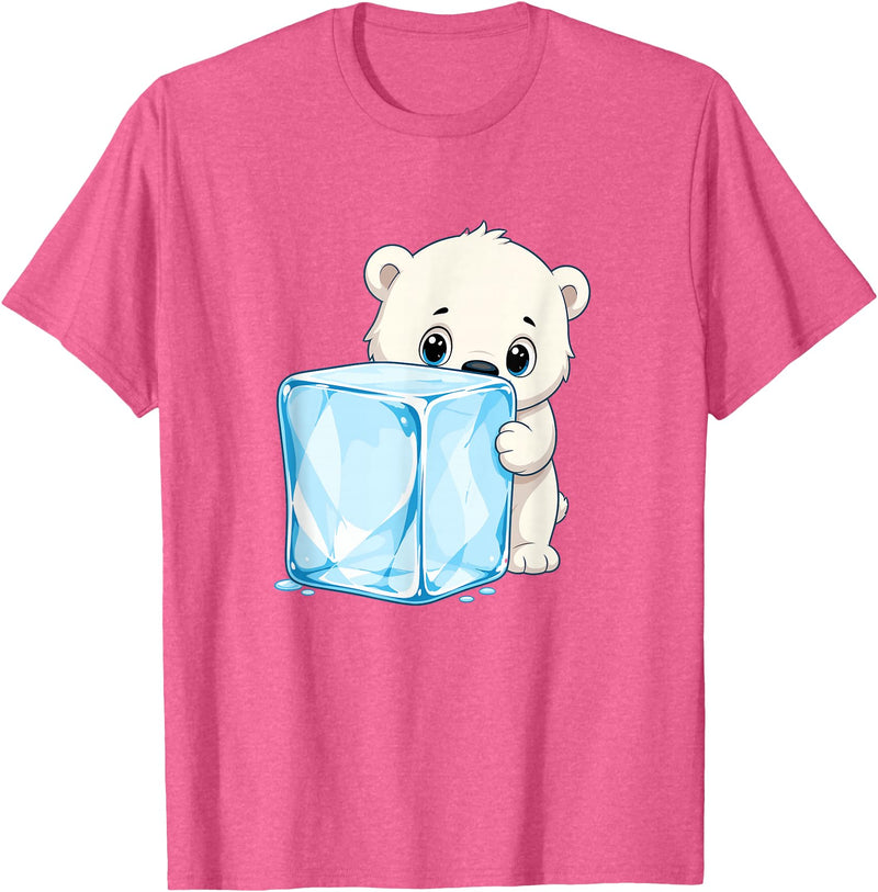 Cute Polar Bear Ice Cube Arctic Kawaii Adorable Baby Polar Bear Hugging Big Ice Cube T-Shirt - Pink Heather