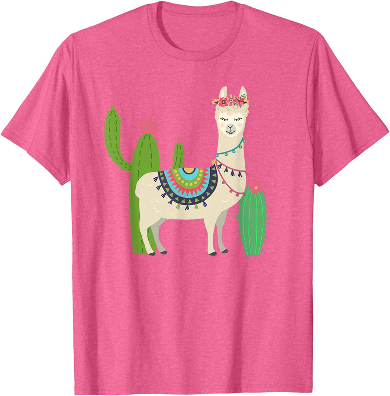 Captivaca Llama Shirts Cute Llama with Flower & Cactus/Llama Lover Gift T-Shirt Small - Pink Heather