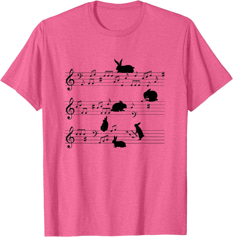 Cute Bunny Rabbit Playing Music Notes Musician T-Shirt in Pink Heather