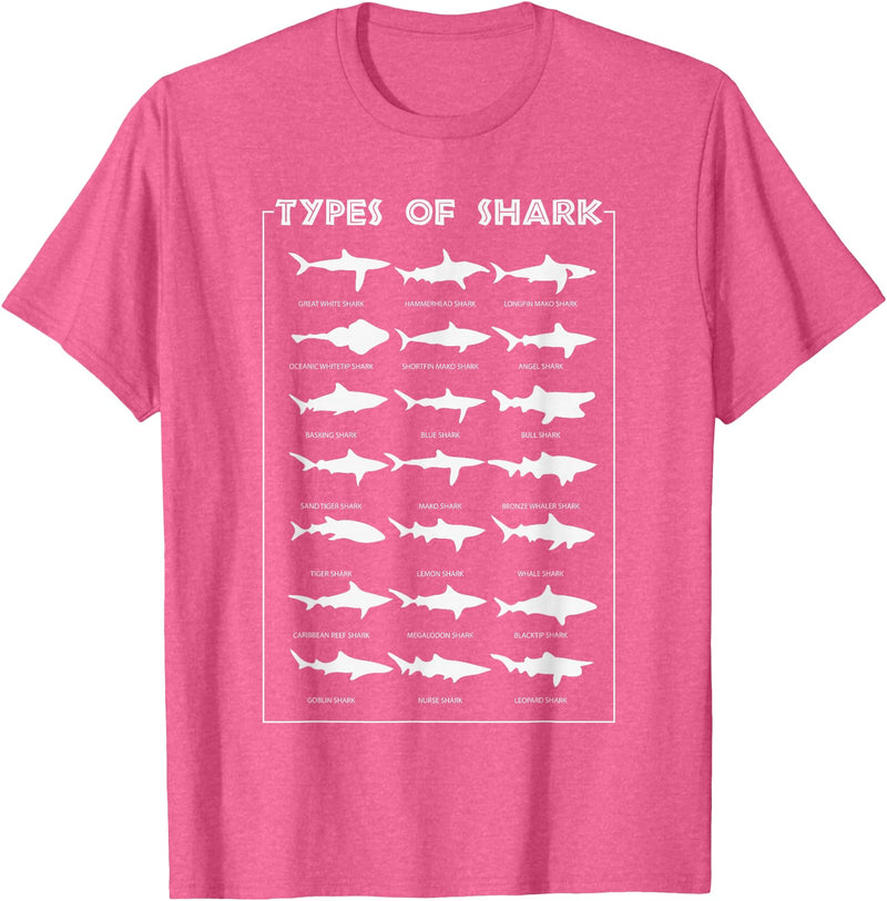 I Love Sharks Design T-Shirts 360 21 Types of Shark | Marine Biology Gift T-Shirt - Pink Heather