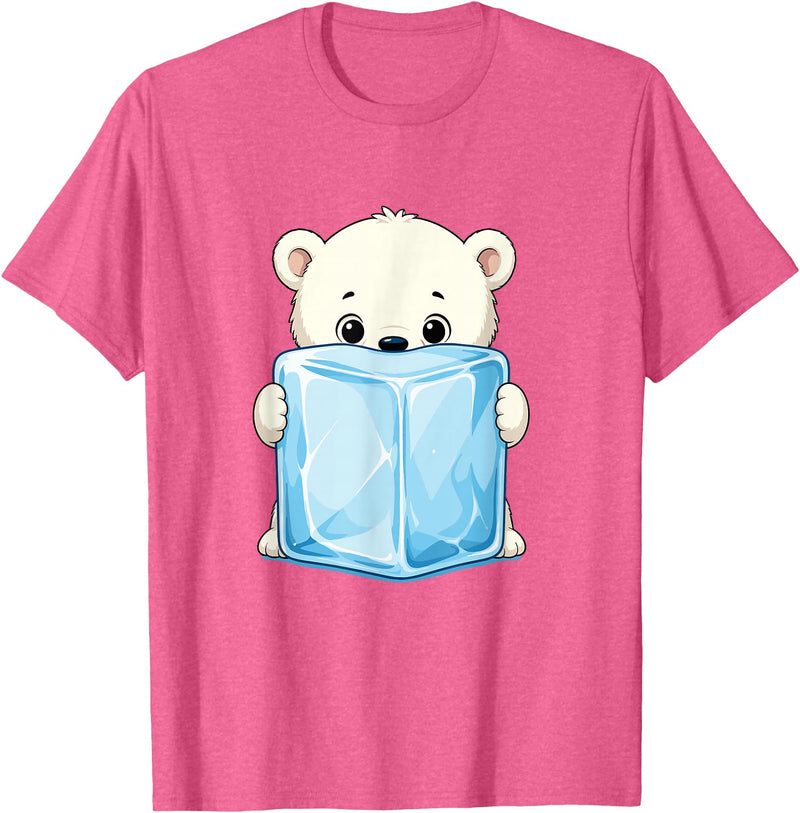 Cute Arctic Polar Bear With Ice Cube Kawaii Baby Polar Bear Holding Ice Cube Cartoon T-Shirt - Pink Heather