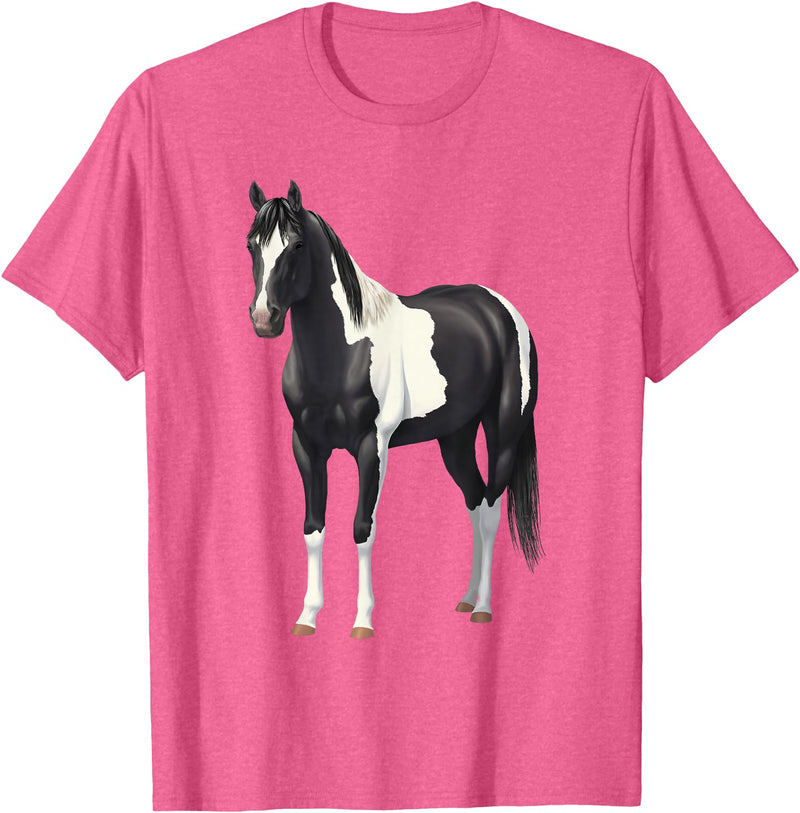 Horse Lover Art by CSForest Beautiful Black Pinto Paint Horse Quarter Horse T-Shirt - Pink Heather