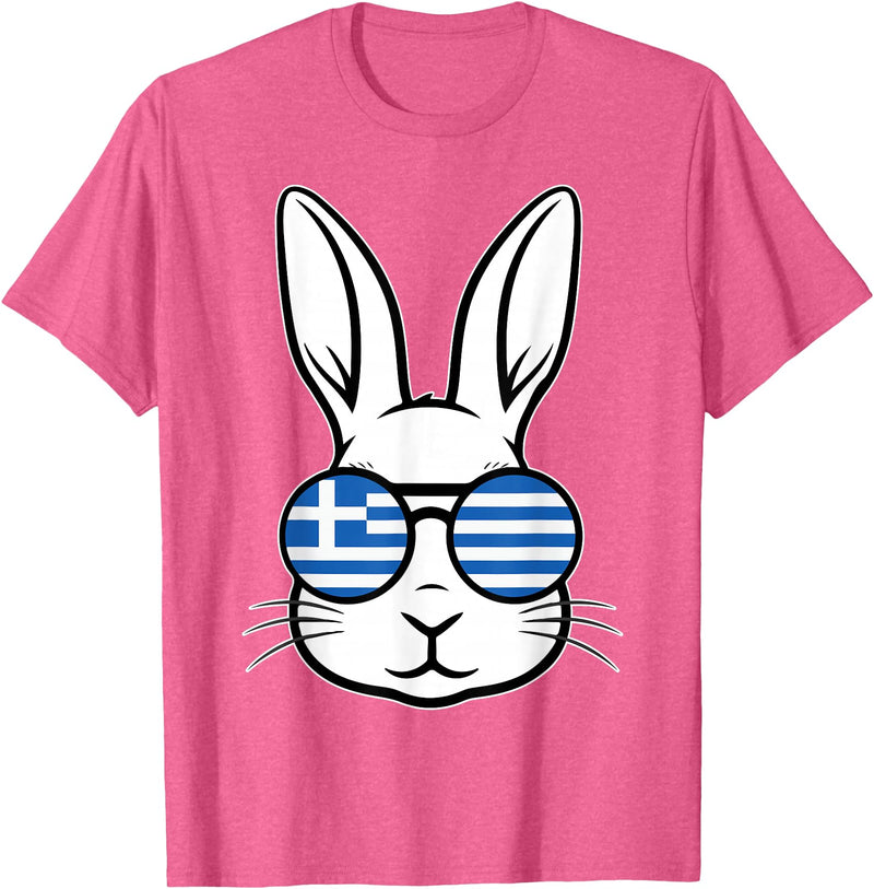 Greek Flag of Greece Happy Easter Rabbit Greek Easter T-Shirt in Pink Heather