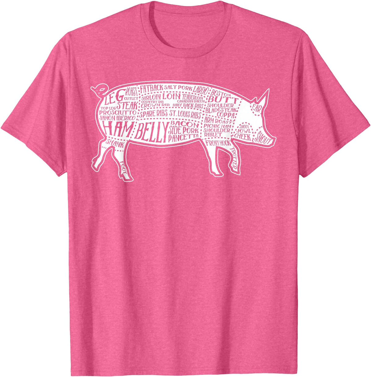 Pig Grilling Pork BBQ Bacon Lover Fun Gift Idea Lard Cuts Image Pig Parts Diagram Illustration Butcher Print T-Shirt - Pink Heather