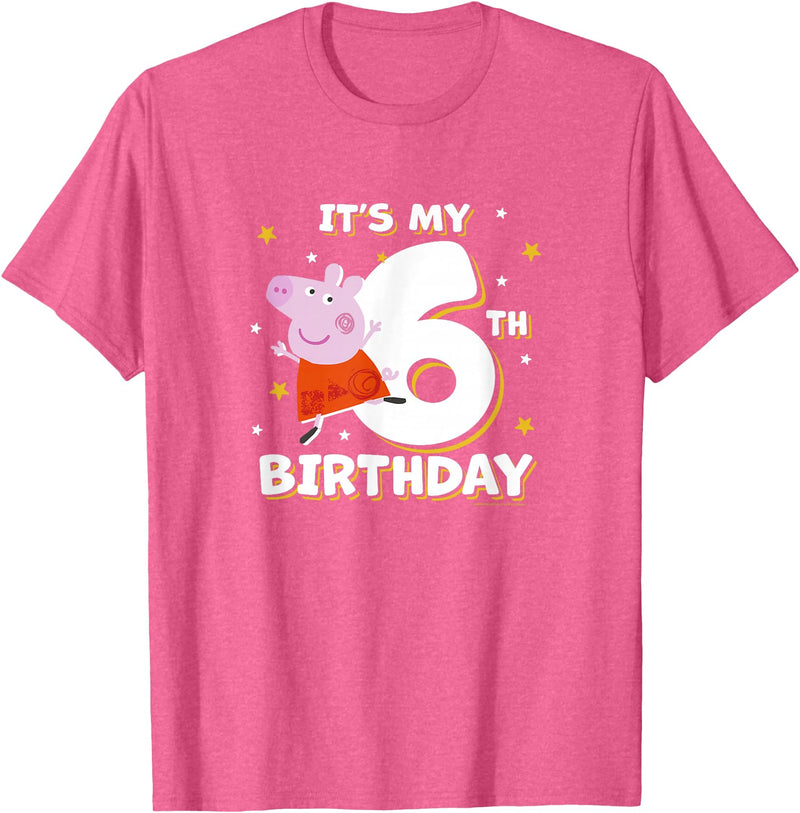 Peppa Pig It's My 6th Birthday Holiday Stars Celebration T-Shirt - Pink Heather